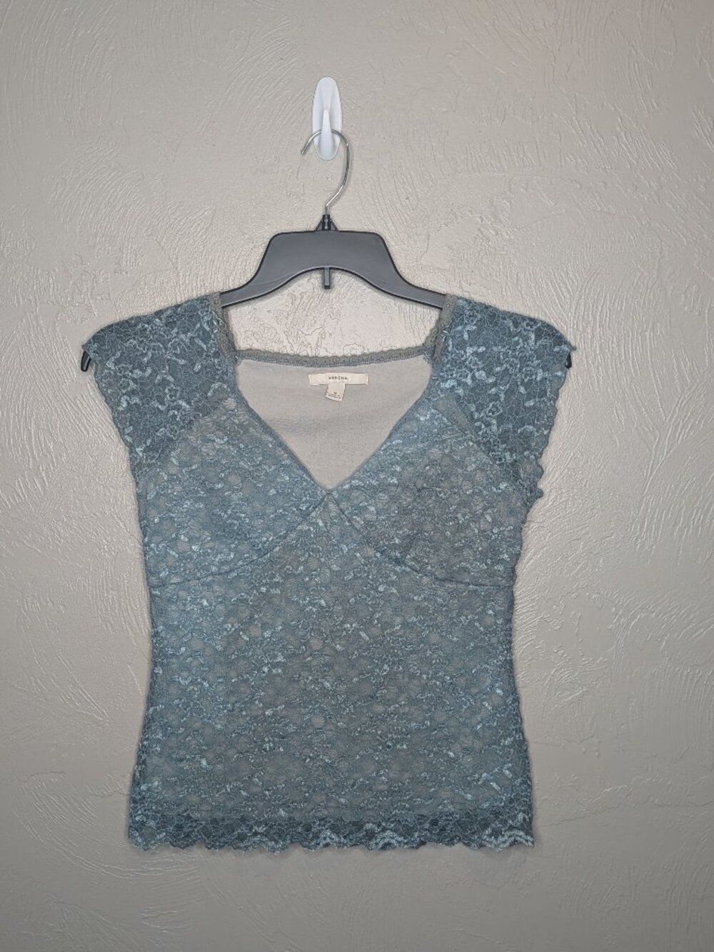 Merona Womens Medium Blue Gray Y2K Lace Overlay Babydoll V-Neck Top Whimsy Goth